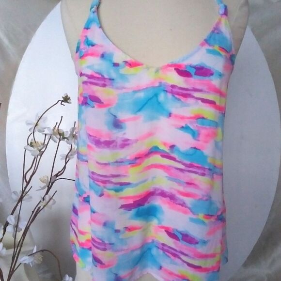Tank Top Watercolor Colorful Chiffon Twisted Racer back Sheer Not See Th… - Picture 2 of 14
